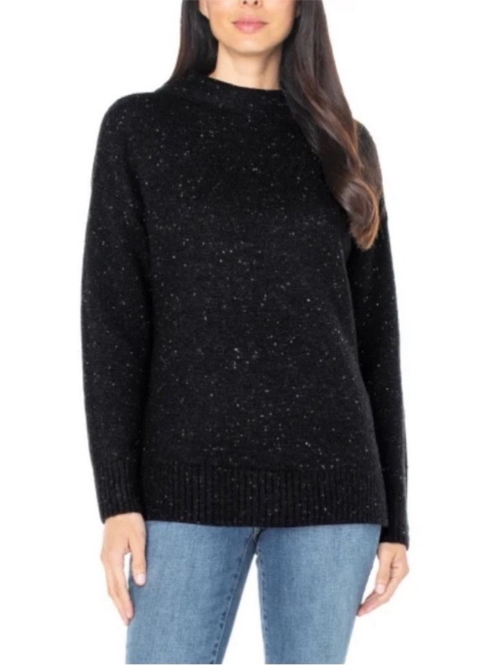 Well Worn Black Nep Yarn Mock Neck Sweater XS Soft Stretch High Low Hem